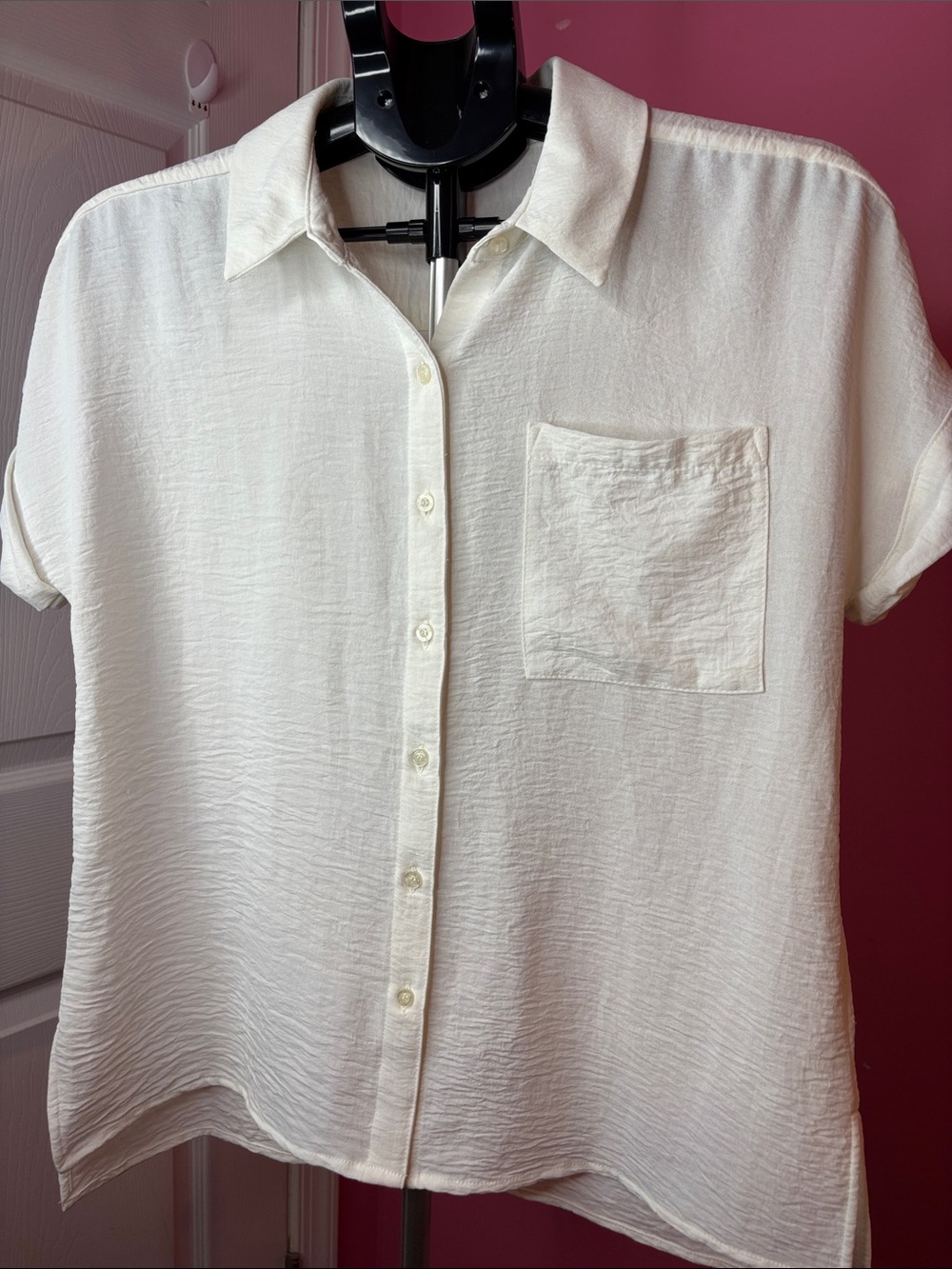 Calvin Klein White Crinkle Button Front Short Sleeve Blouse Shirt